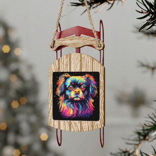 Watercolor Colorful Tibetan Spaniel Sled Ornaments