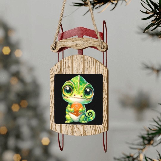 Chameleon Holding 20-sided Dice Sled Ornaments