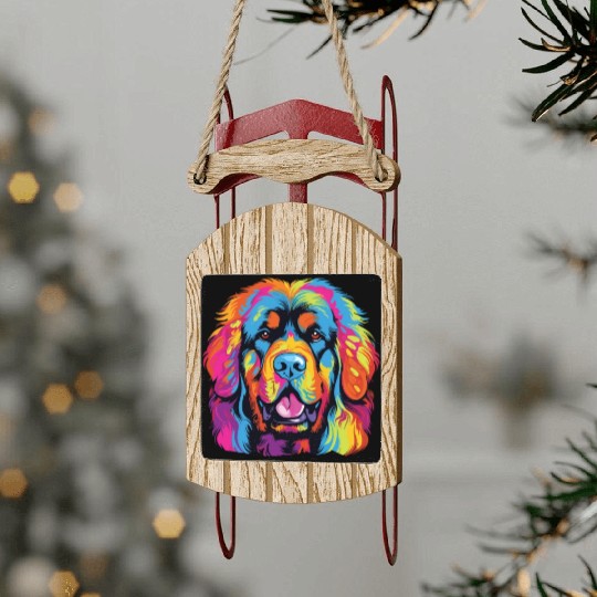 Watercolor Colorful Tibetan Mastiff Sled Ornaments