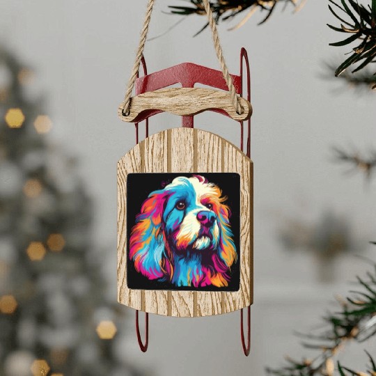 Watercolor Colorful Tibetan Spaniel Sled Ornaments