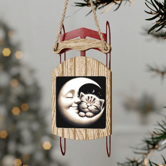 Peaceful Kitten and Moon Embrace Sled Ornaments