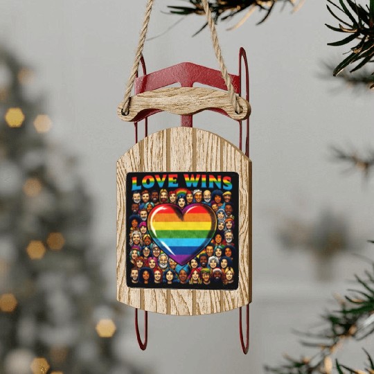 Love Wins Rainbow Heart LGBT Pride Design Sled Ornaments