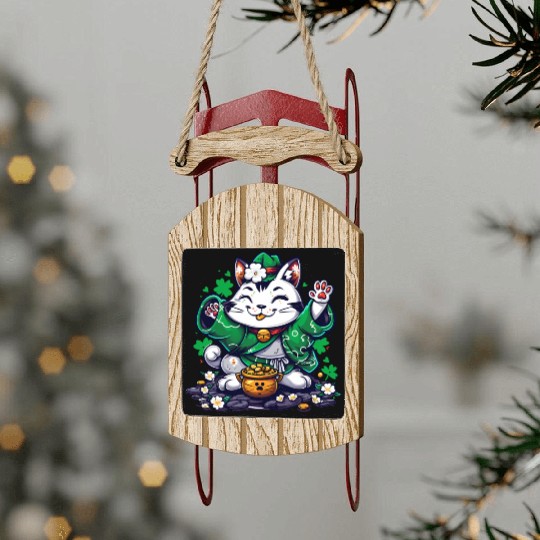 Kawaii St Patricks Day Cat With a Pot Of Gold Sled Ornaments