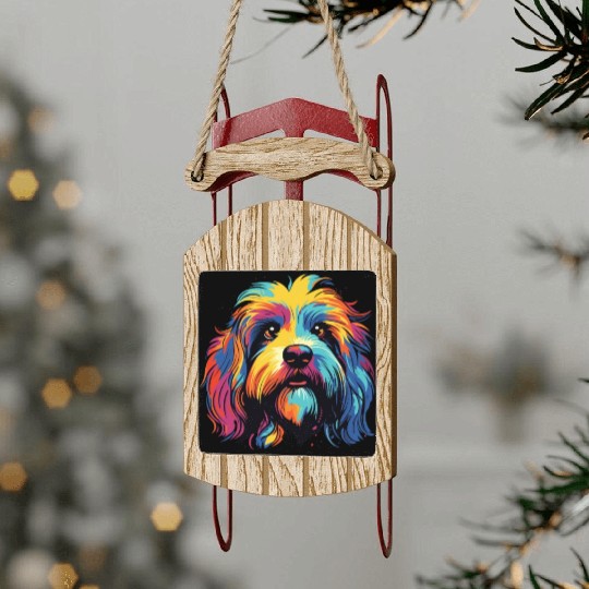 Watercolor Colorful Tibetan Spaniel Sled Ornaments