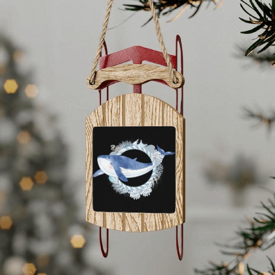 blue whale fish in coral reef in watercolor style Sled Ornaments