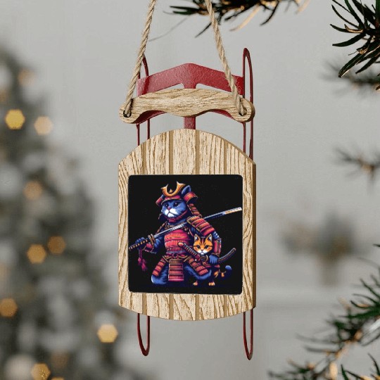 Light Samurai Cat Sled Ornaments