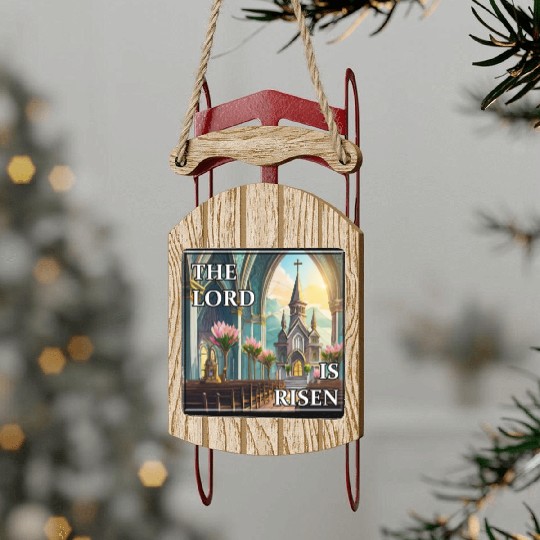 Happy Easter Sunday in Church Sled Ornaments