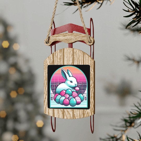 Synthwave Easter Bunny with Eggs Sled Ornaments