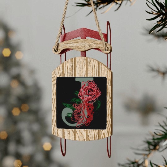 Capital letter J monogram and contour rose flowers Sled Ornaments