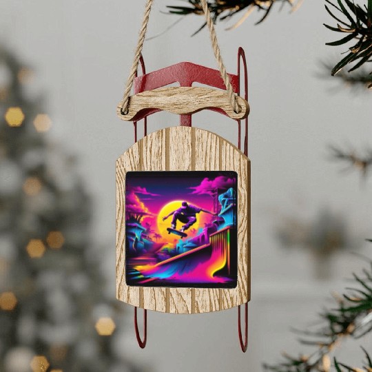 AI Airbrushed Synthwave Skate Scene Sled Ornaments