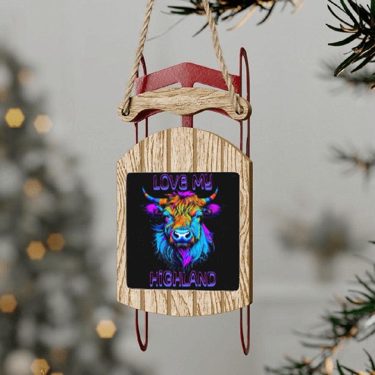 I Love My Highland | Psychedelic Cow Art Sled Ornaments