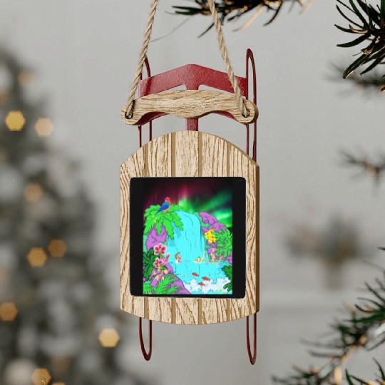 Northern Lights Waterfall Serenity with Swimmers Sled Ornaments