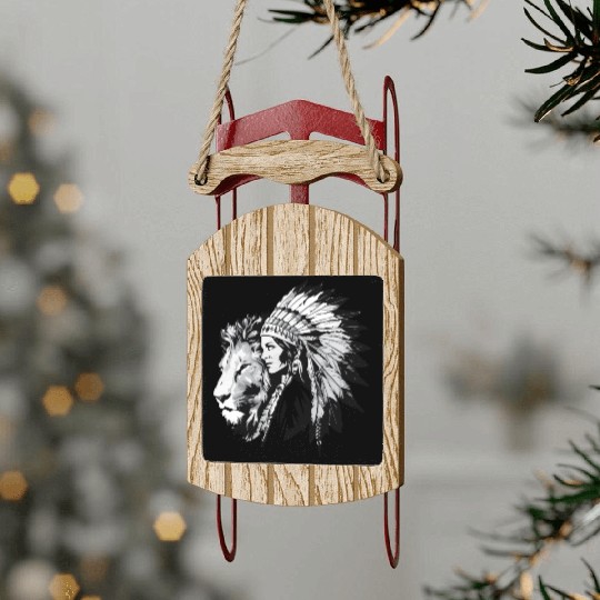 Native American woman and a majestic lion Sled Ornaments