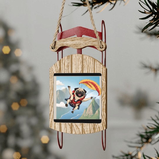 A pug skydiving Sled Ornaments