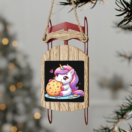 Unicorn Enjoying a Cookie Sled Ornaments