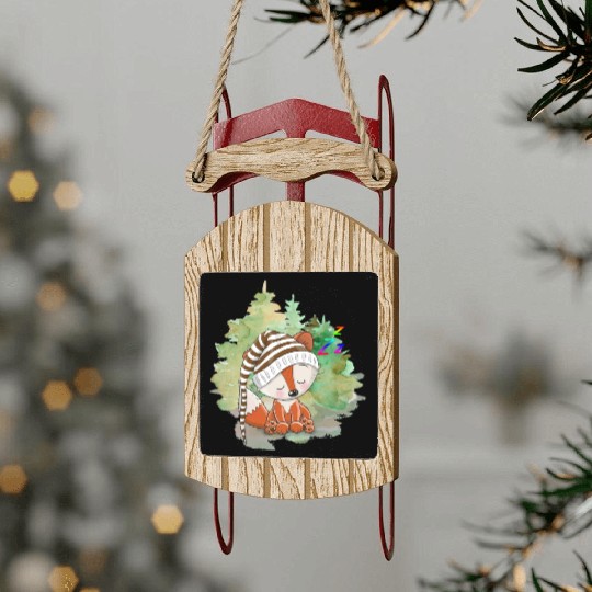 Pilot Fox Sitting On Grass With Tree Forest Sled Ornaments