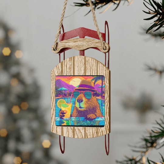 Capybara on vacation sipping on Lemonade Sled Ornaments