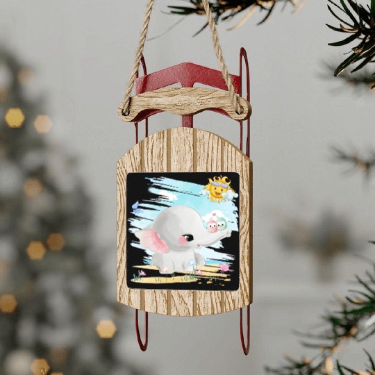 Elephant Walking At Beach With 2 Birds Friends Sled Ornaments