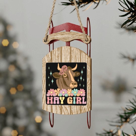 Hay Girl Groovy Cow Cattle Heifer Cowgirl Sled Ornaments