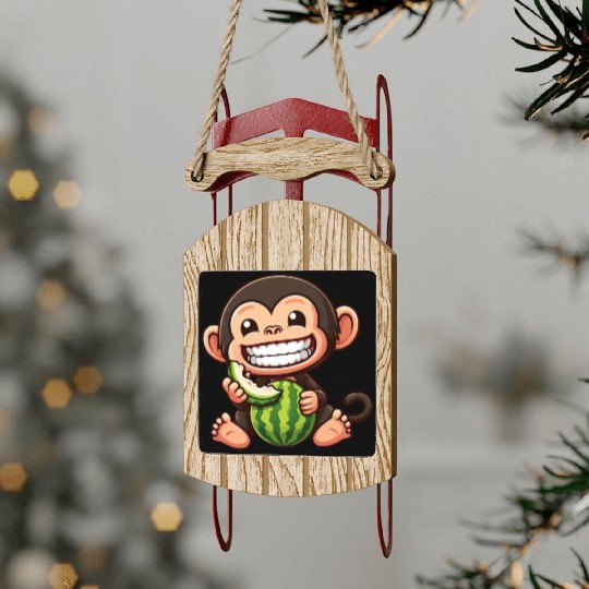 Monkey chimpanzee melon watermelon honeydew melon Sled Ornaments