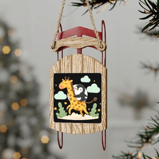 Penguin rides giraffe Sled Ornaments