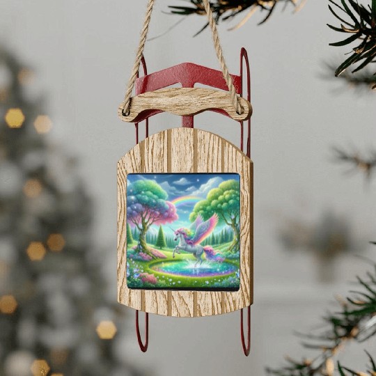 Enchanted Rainbow Unicorn Over Sparkling Pond Sled Ornaments