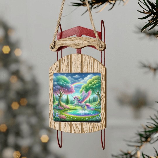 Enchanted Rainbow Unicorn Over Sparkling Pond Sled Ornaments