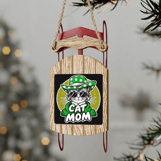 Cat Mom Funny cat with sunglasses, hat and clothes Sled Ornaments