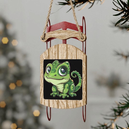 Adorable Wide-Eyed Green Chameleon Sled Ornaments