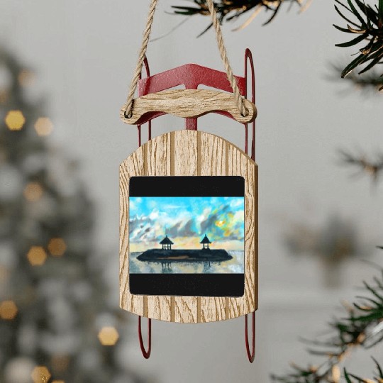 Peaceful sunset on beach scene with acrylic Sled Ornaments