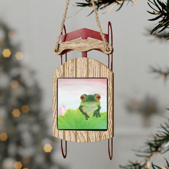 Green Frog Relaxing in the Pond Sled Ornaments