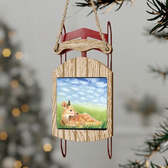 Cute Little Fawn in the Grass Illustration Sled Ornaments