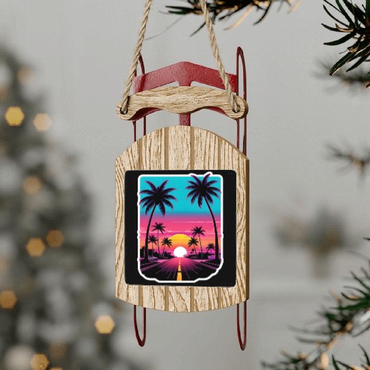 Lonely Road to Miami Sunset Vaporwave 80s Sled Ornaments