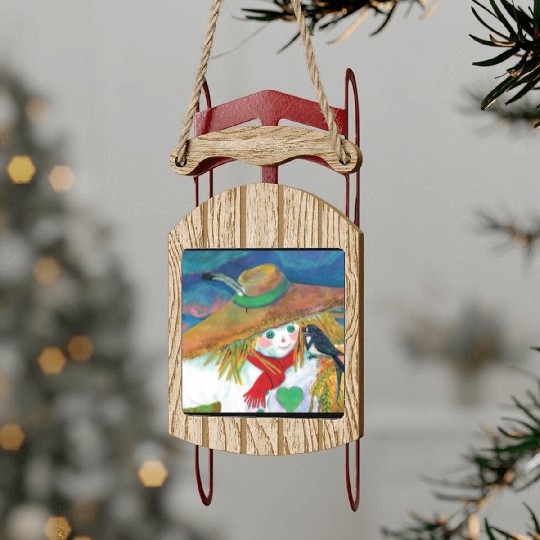 Cute Scarecrow And Barn Swallow Illustration Sled Ornaments