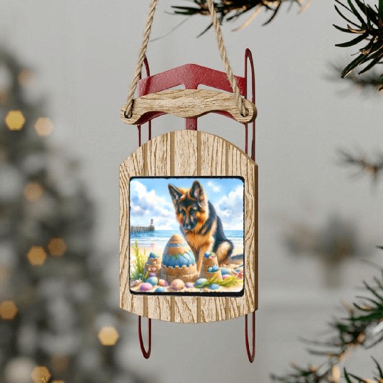 German Shepherd Building Festive Sandcastle Sled Ornaments