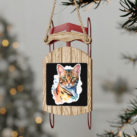 Leopard Cat Watercolor Sled Ornaments
