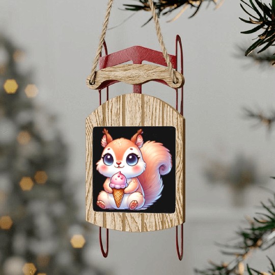 The cute squirrel is enjoying a colorful ice cream Sled Ornaments