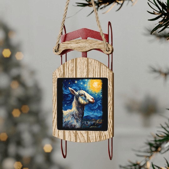 Goat Farm Animal Farmer Starry Night Painting Sled Ornaments