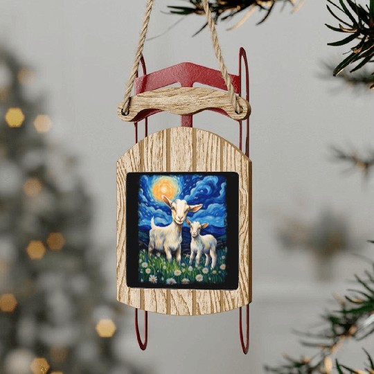 Goats Farm Animals Farmer Starry Night Painting Sled Ornaments