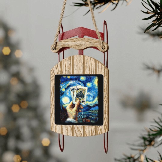 Blackjack Gambling Cards Starry Night Painting Sled Ornaments