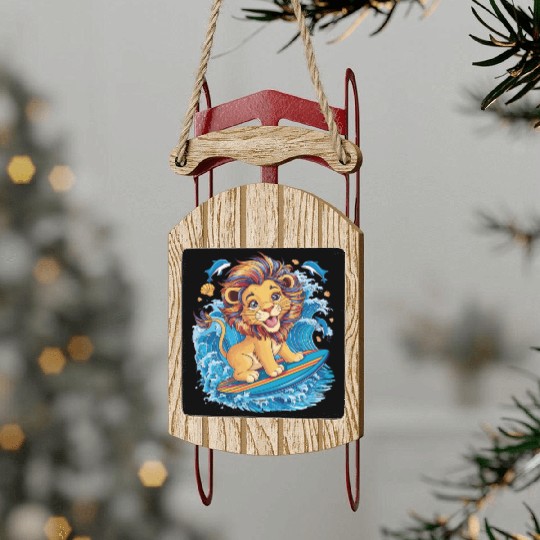 Cute Surfing Lion Riding the Waves Sled Ornaments