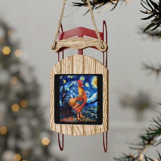 Chicken Farm Farmer Farming Starry Night Painting Sled Ornaments