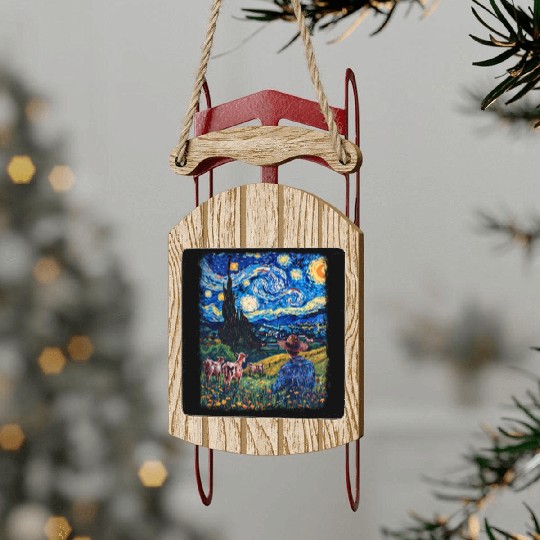 Cow Farmer Farming Farm Starry Night Painting Sled Ornaments
