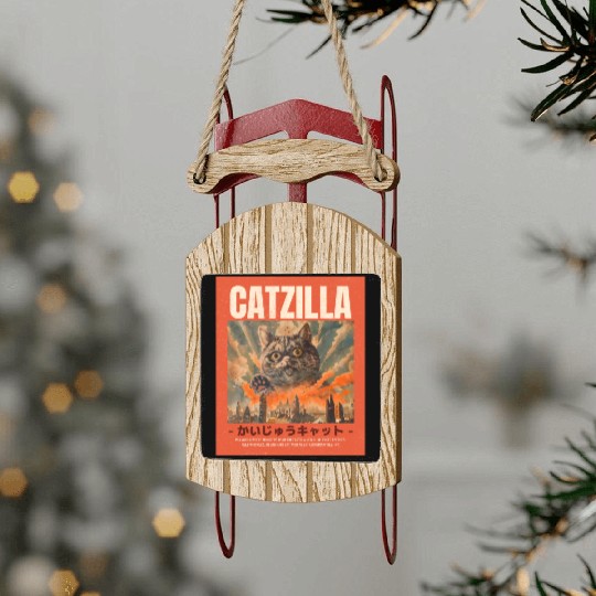 Catzilla Vintage Japanese Funny Angry Cat Sled Ornaments