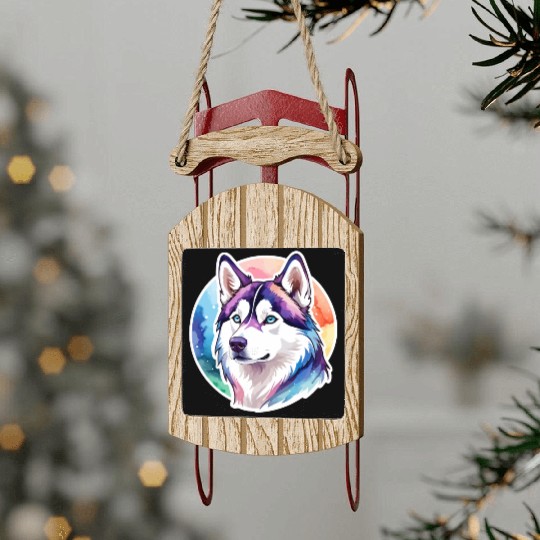 Siberian Husky Watercolor Sled Ornaments