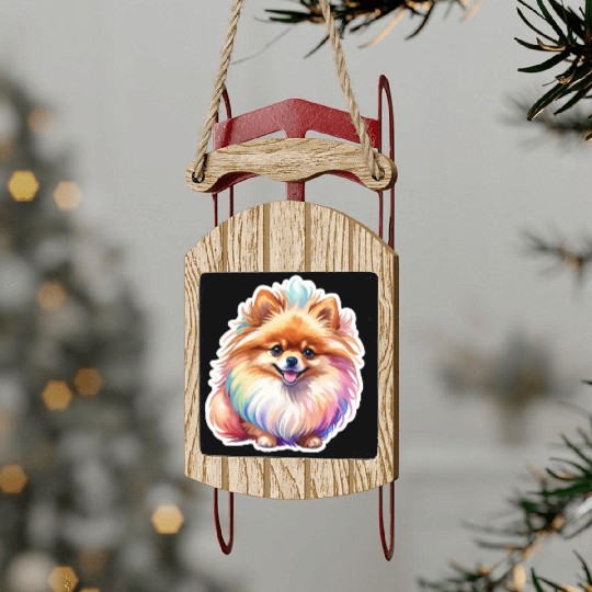 Pomeranian Watercolor Sled Ornaments