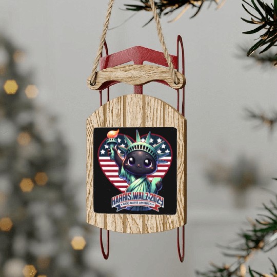 Cute Cat as Statue of Liberty with Harris Walz Sled Ornaments