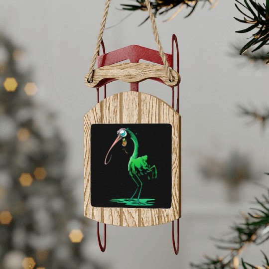 Funky Green Bird Creature Sled Ornaments