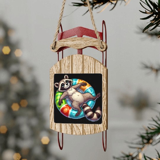 A relaxed raccoon on a swimming ring Sled Ornaments