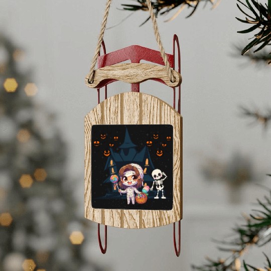 Friendly mummy and skeleton illustration Sled Ornaments